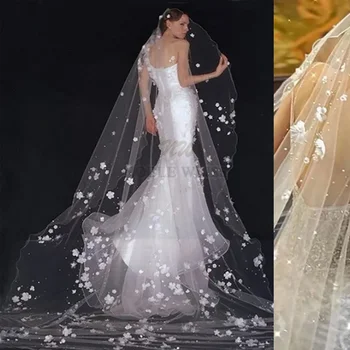 İnciler Gelin Peçe 1T 3D Çiçekler Düğün Duvağı Tarak Olmadan Uzun Düğün Duvağı Özelleştirilmiş