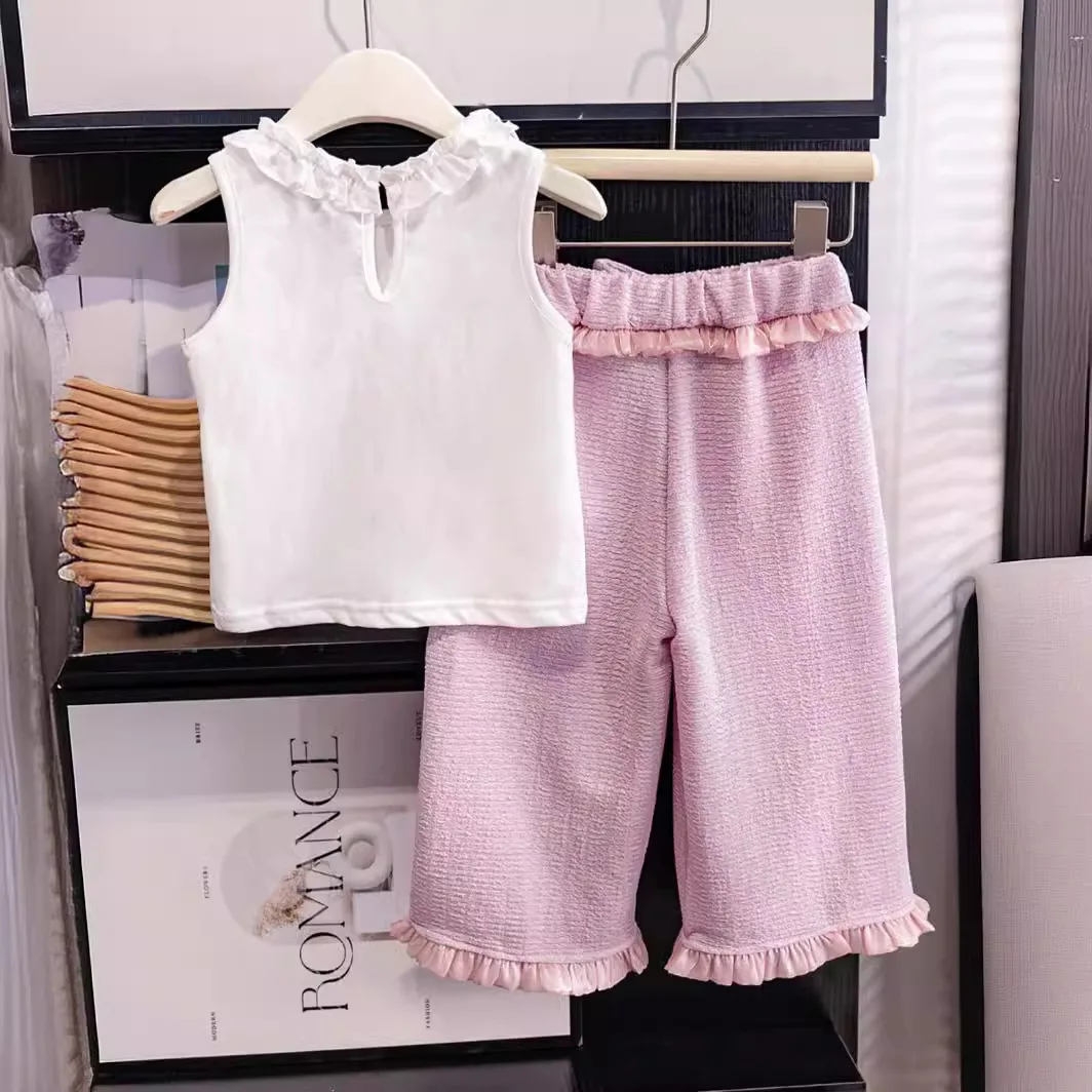 Girls Sweet Set 2024 New Summer O-neck Lace Mushroom Printed Sleeveless Top T-shirt Pink Loose Lace-up Wide Leg Pants