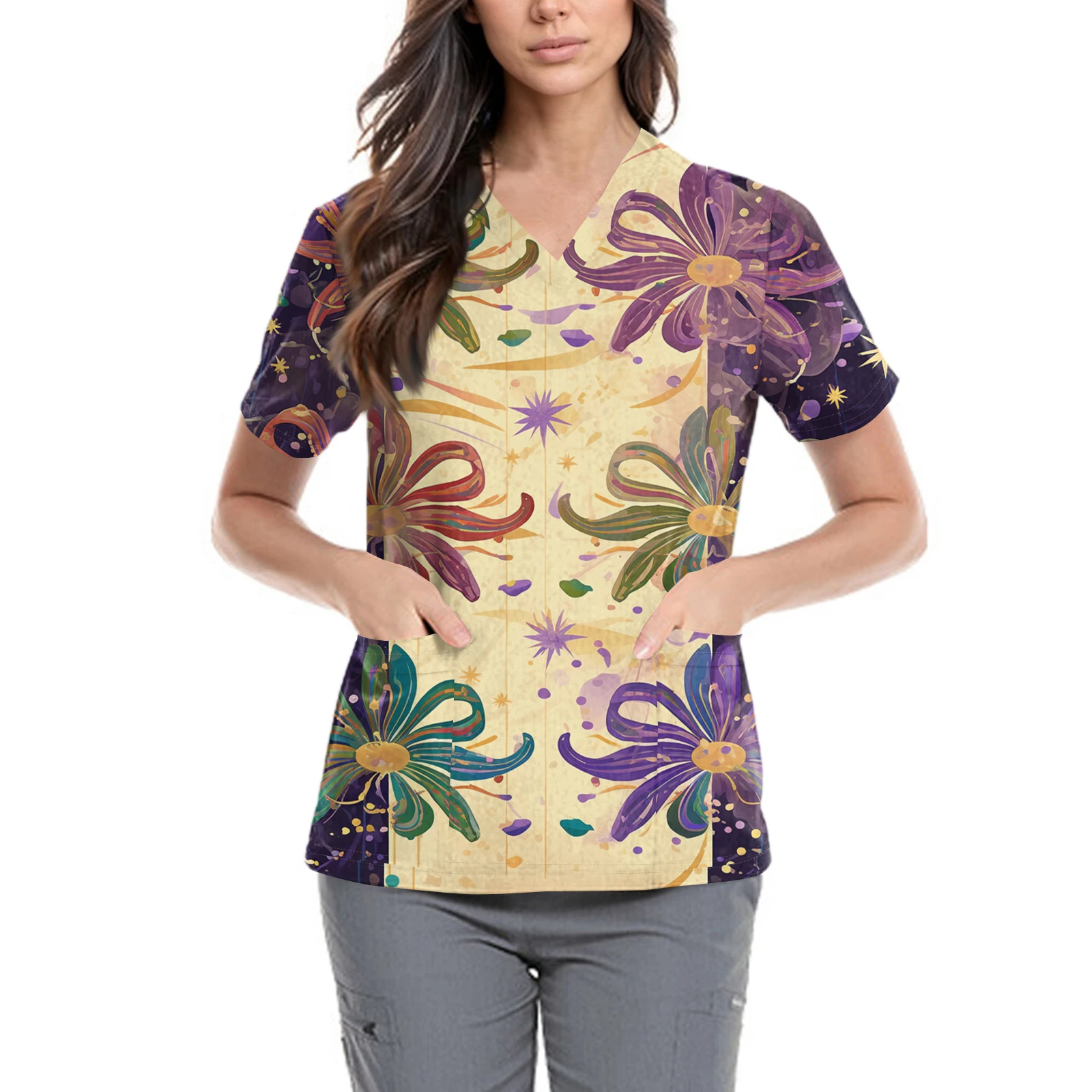 เสื้อพยาบาลสำหรับงานคาร์นิวัล เสื้อผู้หญิง คอวีทันสมัย พิมพ์ลาย แขนสั้น ทรงพื้นฐาน มีช่องระบายอากาศด้านข้างและกระเป๋าเสื้อยืด