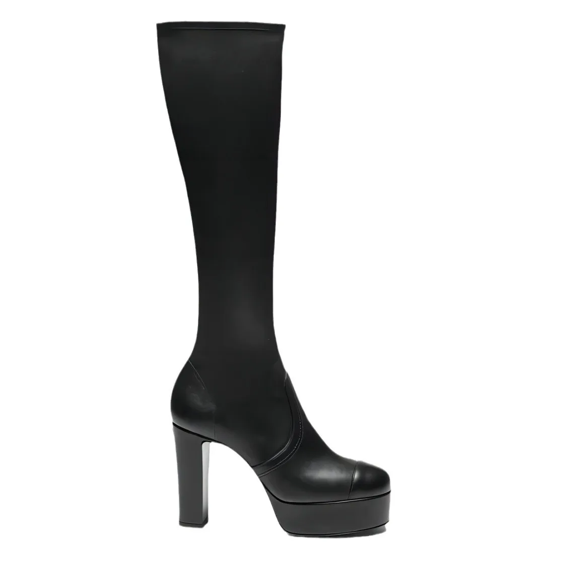 

Round Toe Platform Chunky High Heels Apricot Color Flannel Botas Largas De Mujer Black Leather High-Top Stretch Boots For Women