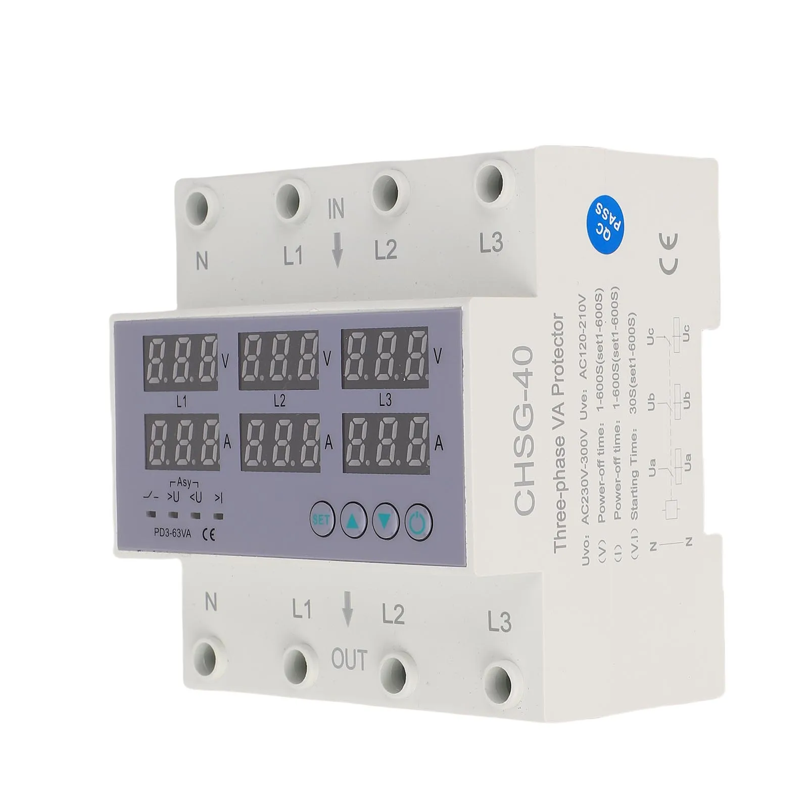 3 Phase DIN Rail Voltmeter Ammeter Automatic Overvoltage Overcurrent Protector AC230-300V DIN Rail Voltmeter Ammeter