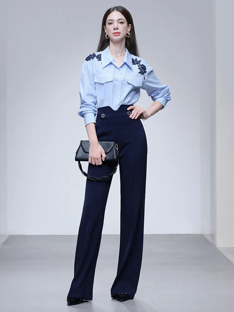 

Casual Striped Loose Fit Women's irt Faionable Autumn 2025 Collar Long Sve Commute Top Versatile Cotton Blend