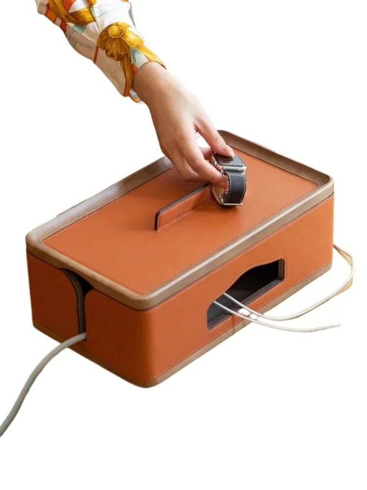 

Saddle leather solid wood, large capacity hub box, desktop storage box