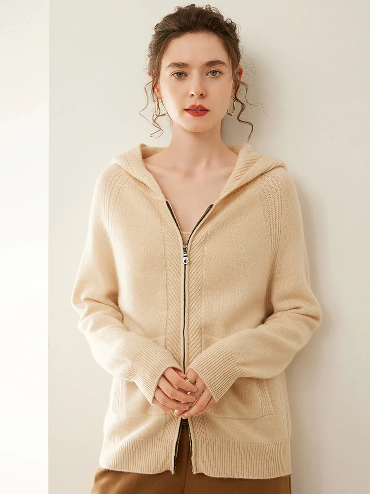 

100% Cashmere Hooded Pullover For Women Simple Double Zipper Casual Fashionable Autumn Winter Thick Warm Hoodie Knitted Sweater