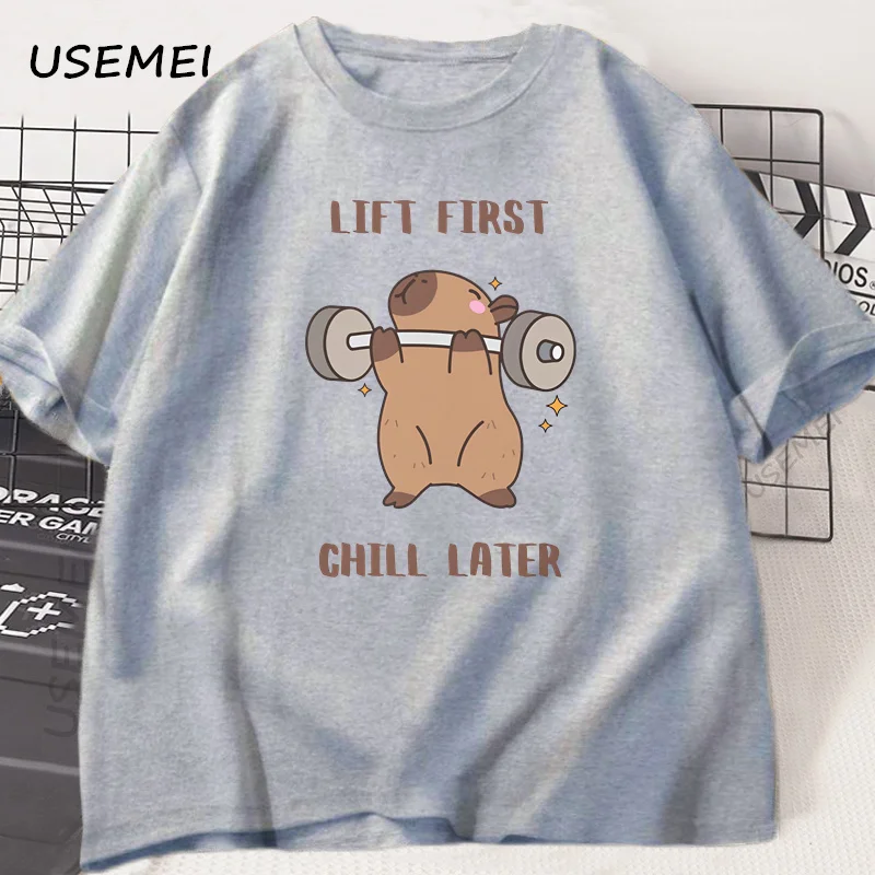 كابيبارا رياضة تي شيرت الرجال النساء الرياضة رفع الأثقال المحملة تجريب اللياقة البدنية تي شيرت علوي للجنسين سوفت ستايل فضفاض القطن التي شيرت الملابس #4