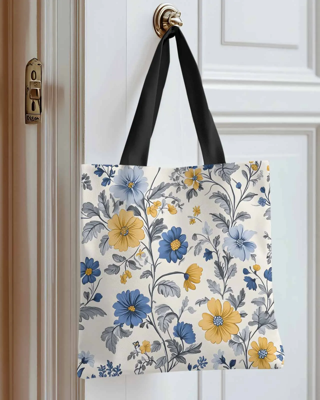 

Vintage Flower Blue Art Canvas Bag Handbag Oxford Cloth Eco Shopping Storage Bag for Home Use