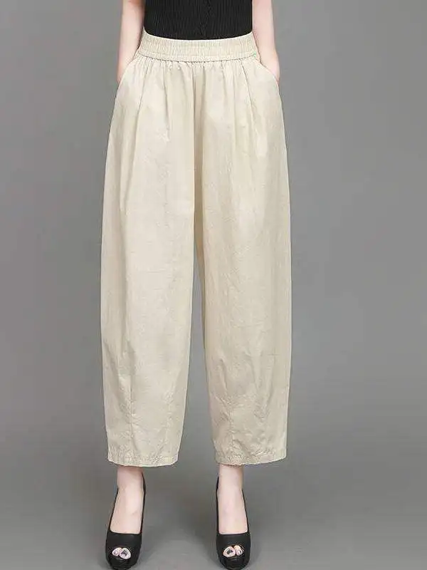 High Waist Loose Fit Cotton Lantern Pants Women's Summer New Style Thin Nine Points Pants Comfortable Breathable Casual Pants