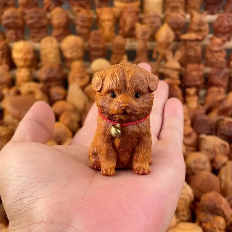 Woodcarving Puppy Hand-held Piece Woodcarving Zodiac Cute Animal Pastoral Dog Prosperous Wealth Cultural Ornaments