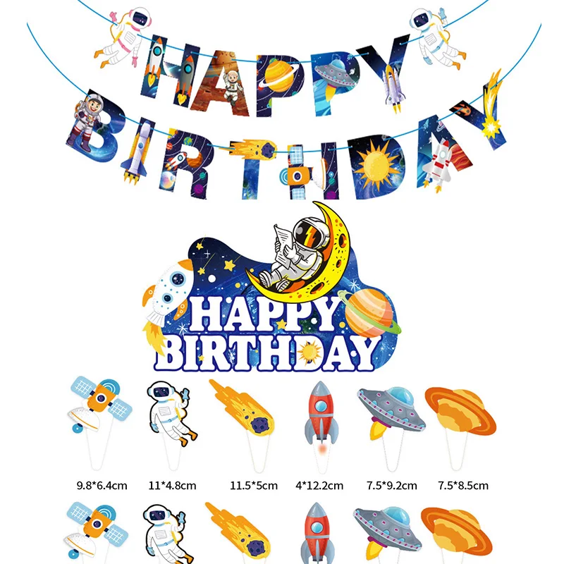 Astronaut Dream Theme Banner Galaxy Happy Birthday Party Cake Topper Decoration Space Birthday Decorations Solar System Aviation