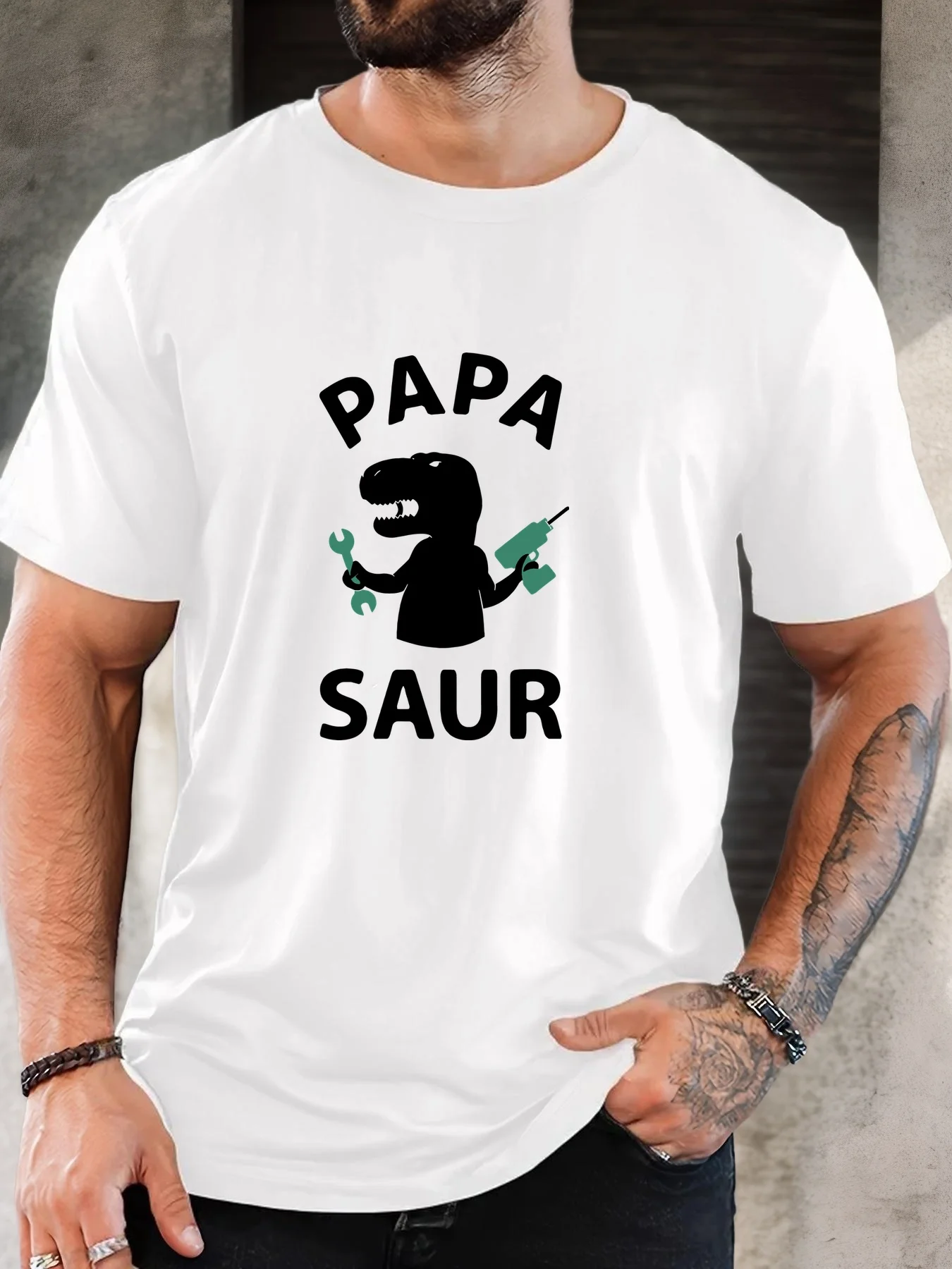 Mens Short Sleeve T Shirt Papa Saur Mechanic Dinosaur Print Crew Neck Summer Casual Loose Breathable Male Dad Daily Fashion Tops