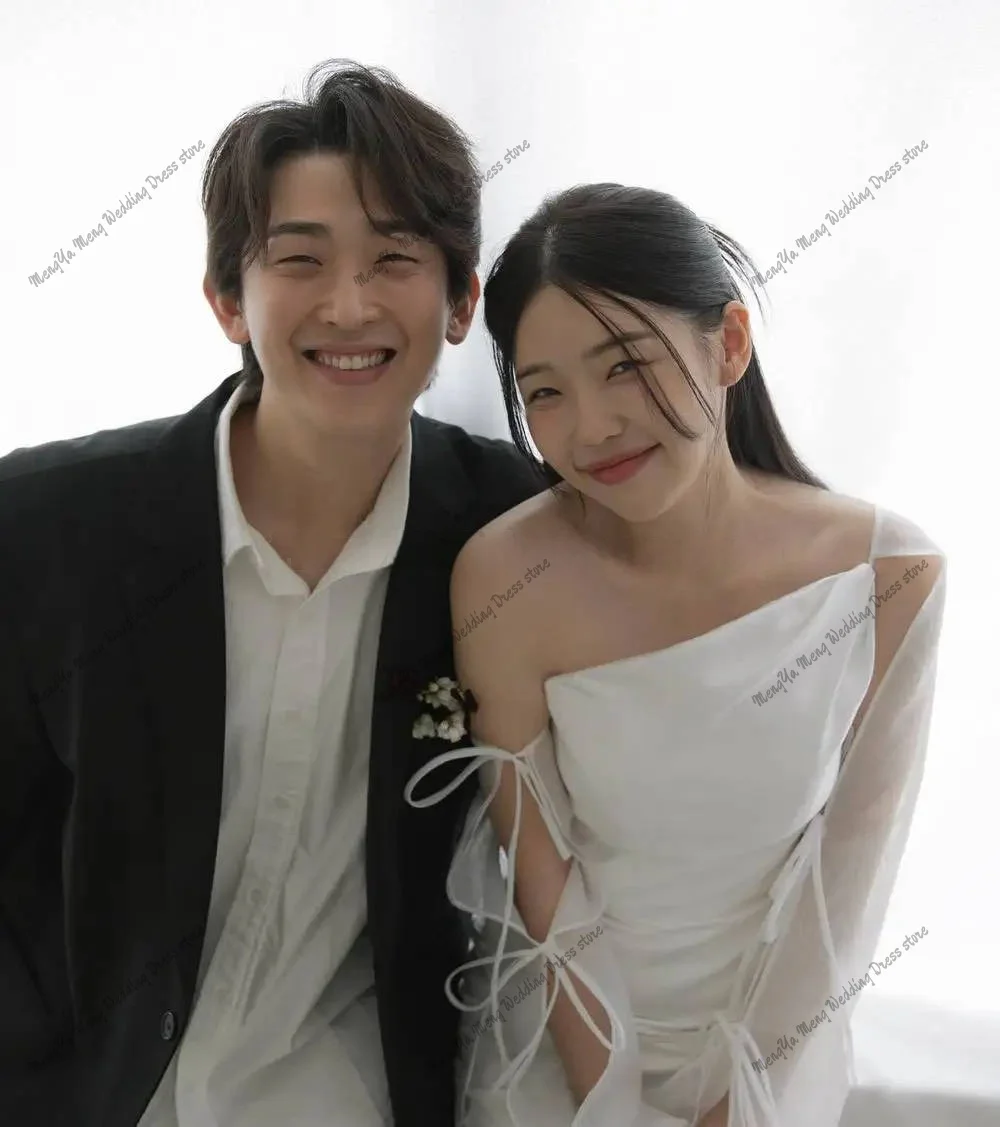 Simple 웨딩드레스 Wedding Dress One Shoulder Long Sleeve Bridal Gown Floor Length Soft Satin Bridal Gown Korea Photoshoot Customized