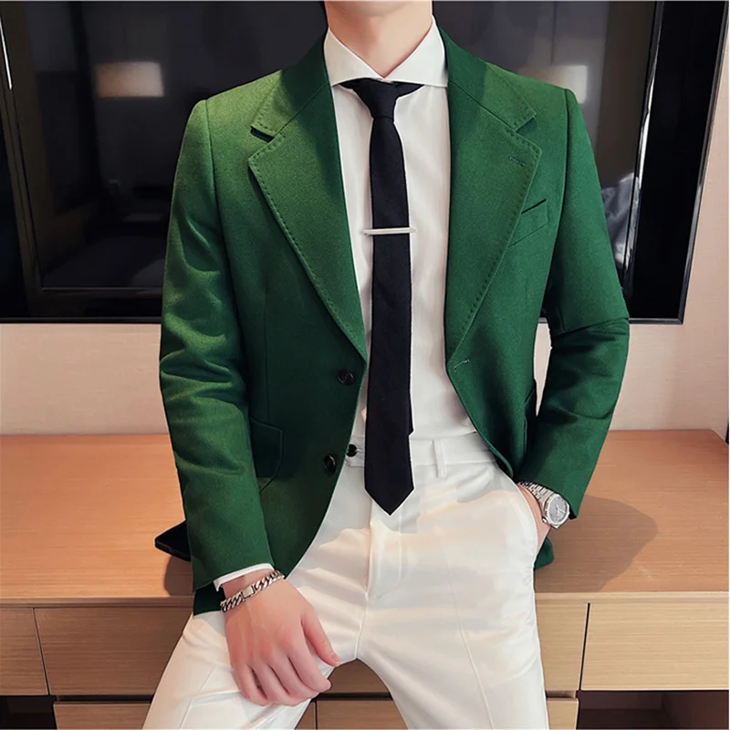 Green Brown Suit Jacket Casual Trendy Men Blazer Masculino British Daily Men Blazer Hombre Fashion Big Collar Slim Fit Suit Coat