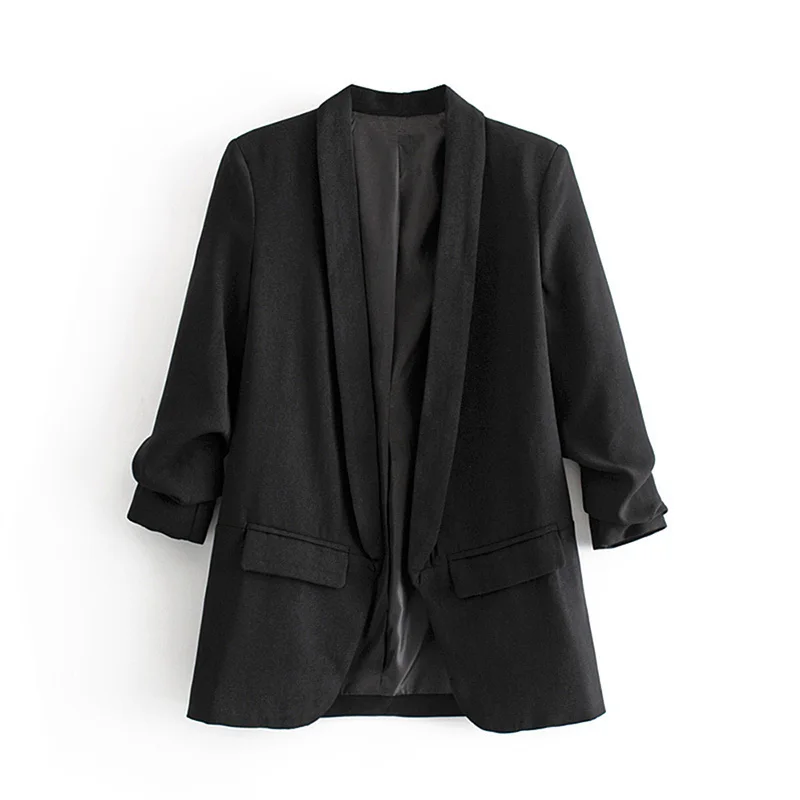 YUEYANG Women Fashion Office Wear Open Blazer Coat Vintage Long Pleated Sleeves Flap Pockets Female Outerwear Chic Tops