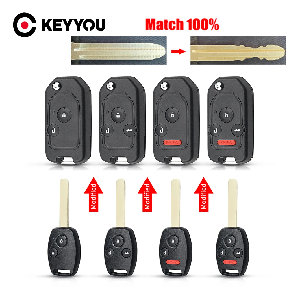 KEYYOU With Cutting Service Modified Car Key For Honda Accord Civic CRV Pilot 2007 2008 2009 2010 2011 2012 2013 Remote Folding
