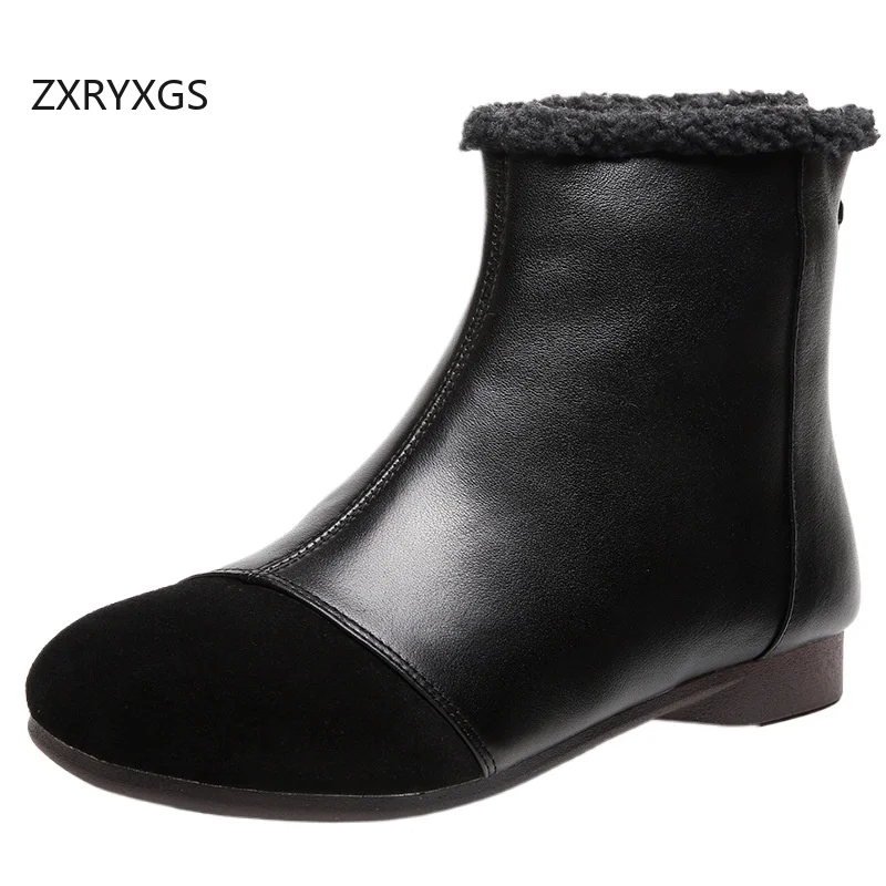 ZXRYXGS Premium Cowhide Spell Color Splicing Women Fashion Boots Comfortable Soft Flat Boots 2025 Big Size Autumn Winter Boots
