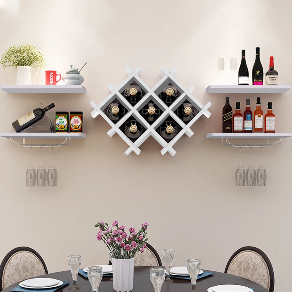 Wall Mounted Wine Rack, Multifunctional Storage Rack Creative Wall Hanging White Black Wall Mounted Bottle Glass Holder Shelves