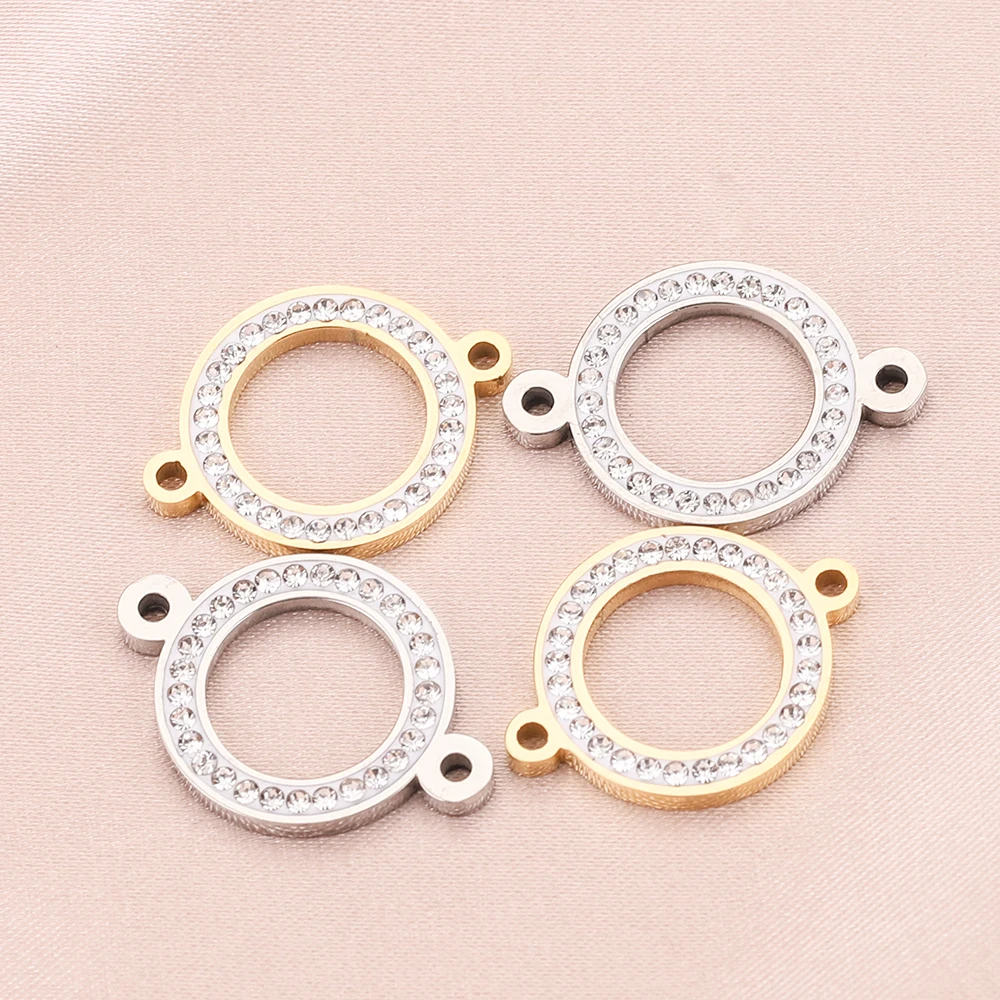 5pcs Zircon Stainless Steel Round Charm Double Holes Connectors Ring for Bracelet Pendants DIY Jewelry Making Accessories