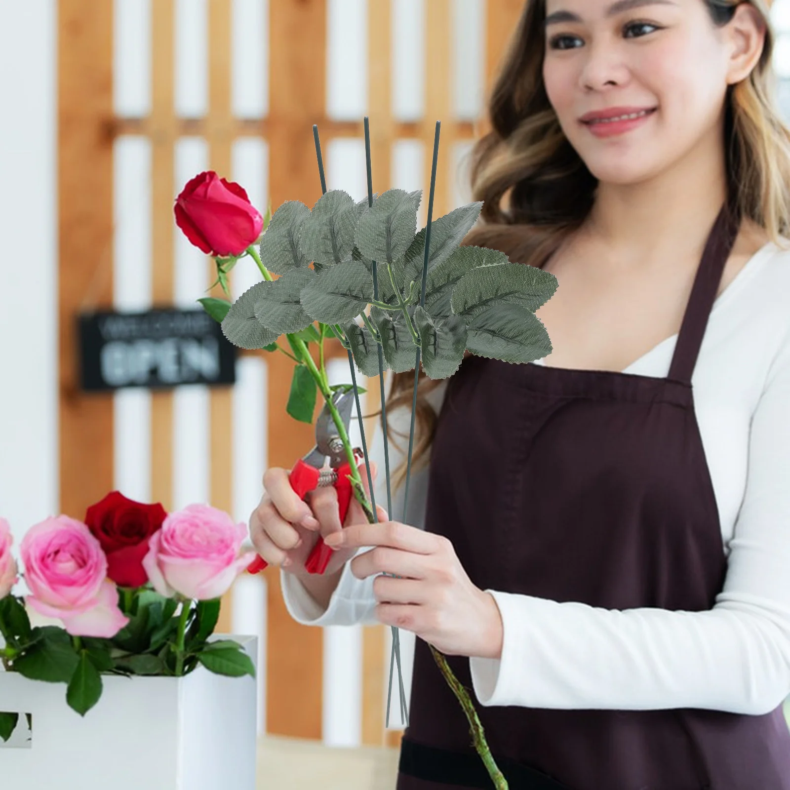 造花用ステムワイヤーキット、人工緑の葉付き、長い花茎、DIYフェイクフラワーアレンジメント、ブーケ用品、クラフト用