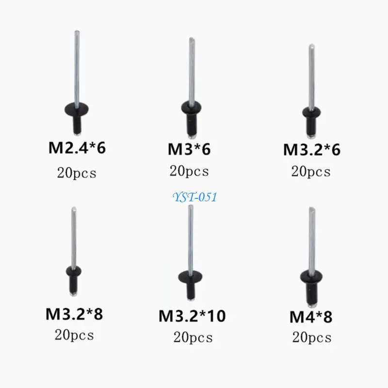 E15A 120x مجموعة متنوعة من المسامير العمياء مع حقيبة تخزين M2.4-M4 مسامير برشام ذات نهاية مفتوحة