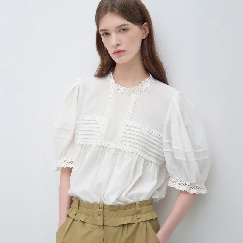 

French Style Lace Splice A-Line Short Sleeve Shirt Pleated Slimming Commute Versatile Chiffon Bubble Sleeve Women's Shirt