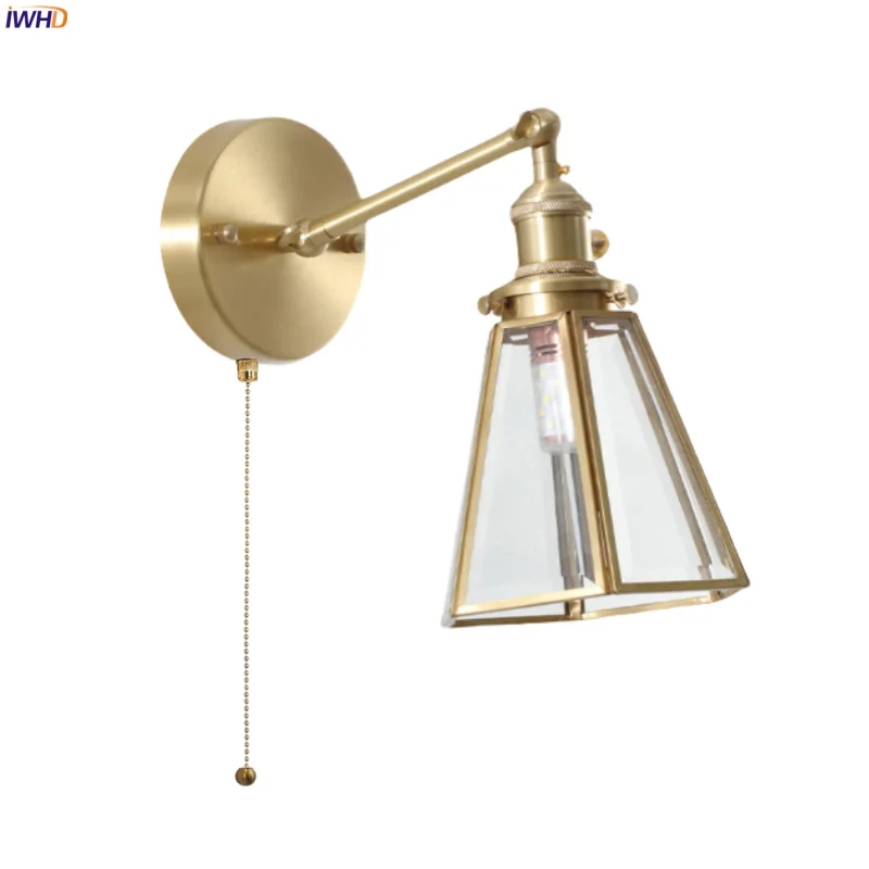 

IWHD Nordic Brass Glass LED Wall Lamp With Switch Loft Living Room Bedside Mirror Bathroom Vintage Wall Sconce Interior Lighting