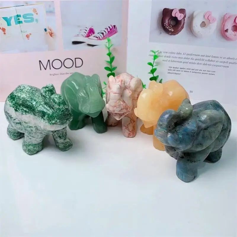 Natural Crytsal Elephant Carving Healing Cute Animal Feng Shui Healthy Children Gift Home Decoration Lucky Stone 1PCS