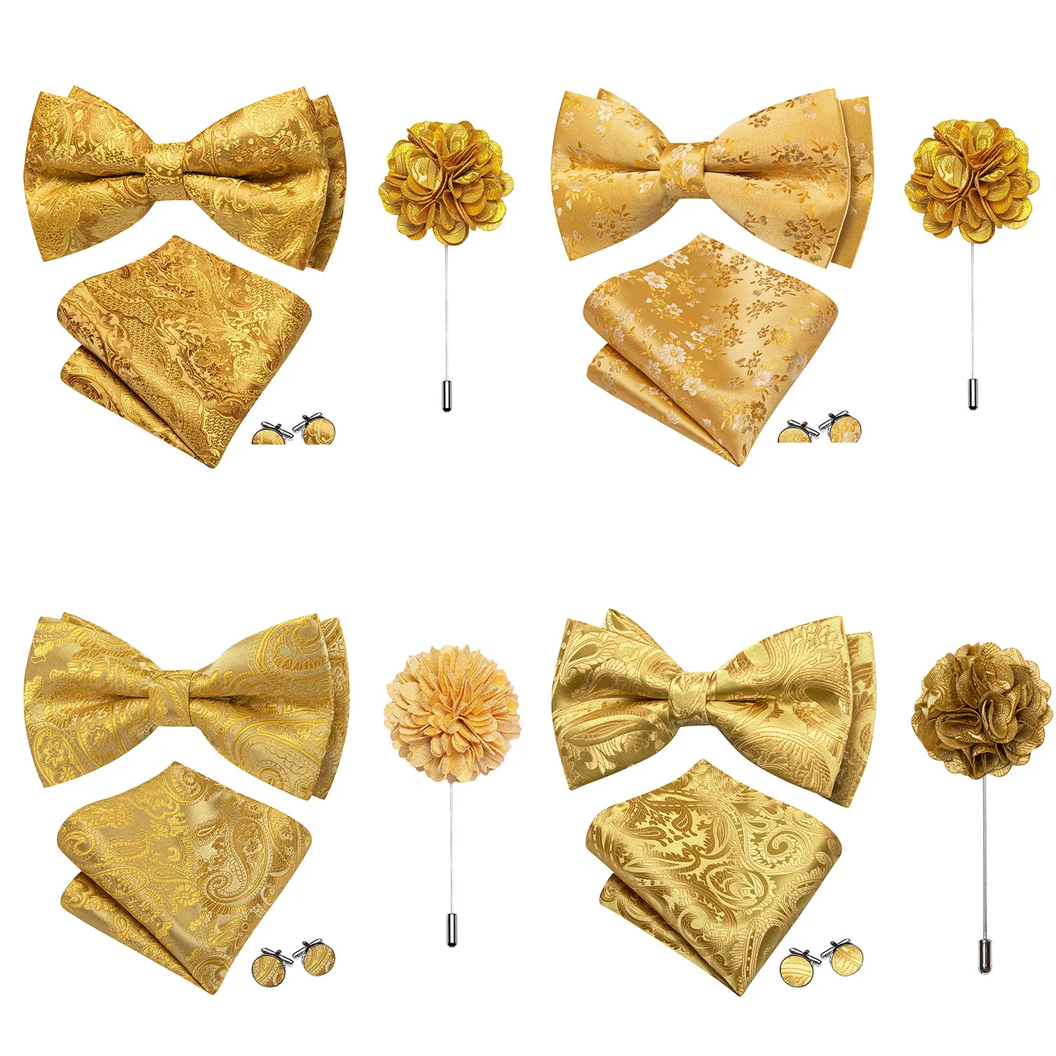 

Barry.Wang Yellow Orange Ivory Champagne Bowtie Floral Paisley Pre-tied Bowties Hanky Cufflinks Brooch Set Formal Wedding Gift