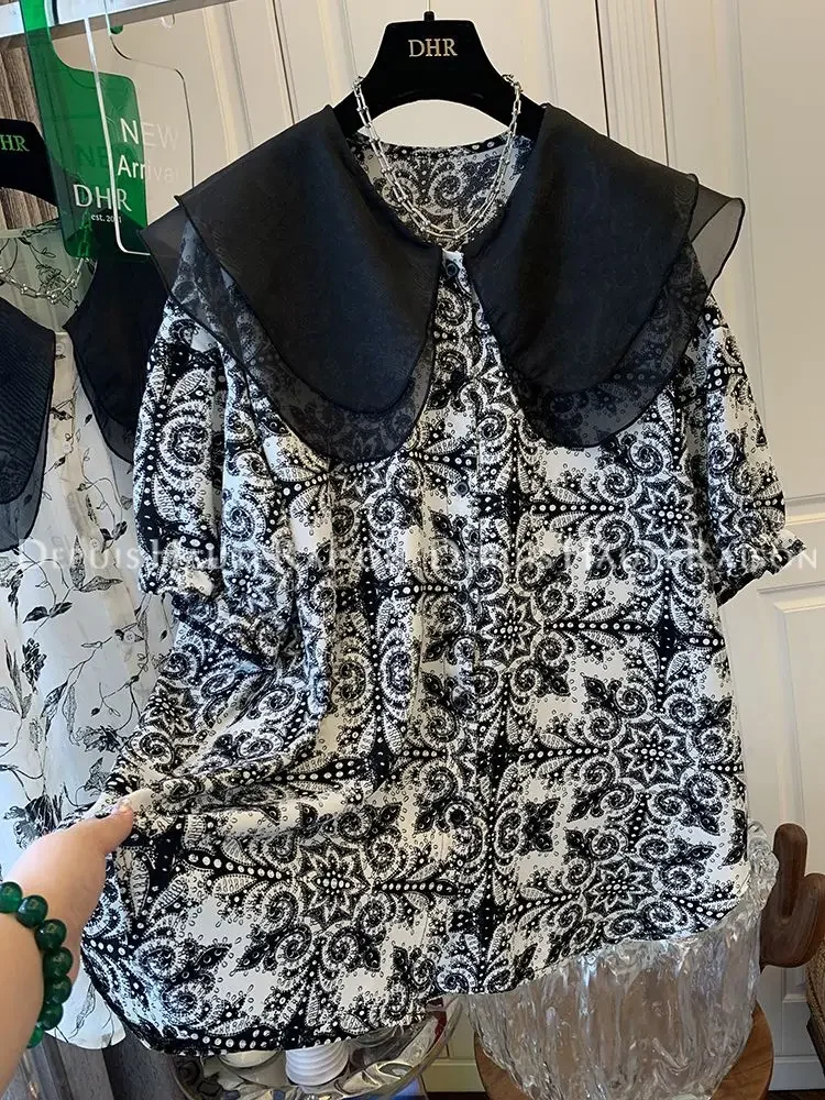 

Floral Puff Sleeve Shirt for Women Fat Mm Loose Super Fairy Top Ea Large Size 300 ties Double-layer Yarn Small