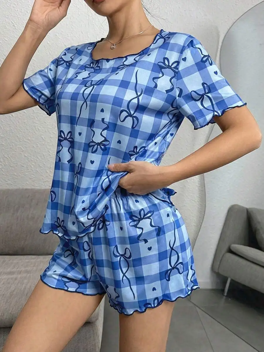 

Blue Plaid Bow Print Women Pajama Set With Quilted Hem Casual Sleepwear