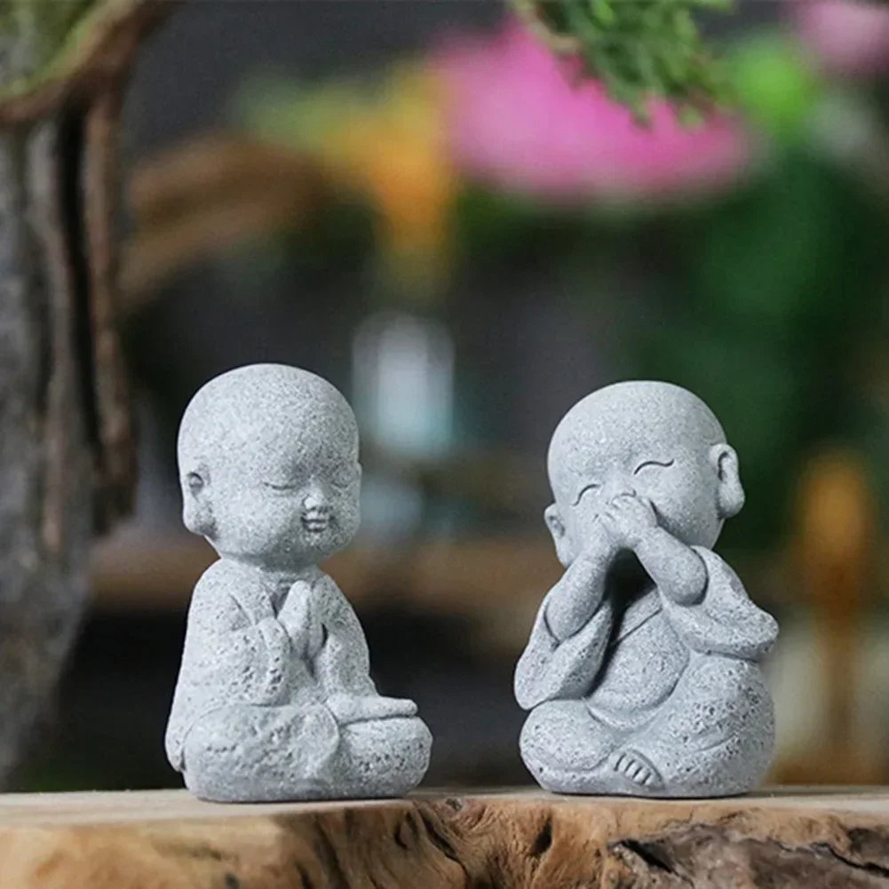 Baby Buddha Small Monks Miniature Tea Tray Statue Art Sculpture Decor Home Zen Statue Green Sandstone Thailand