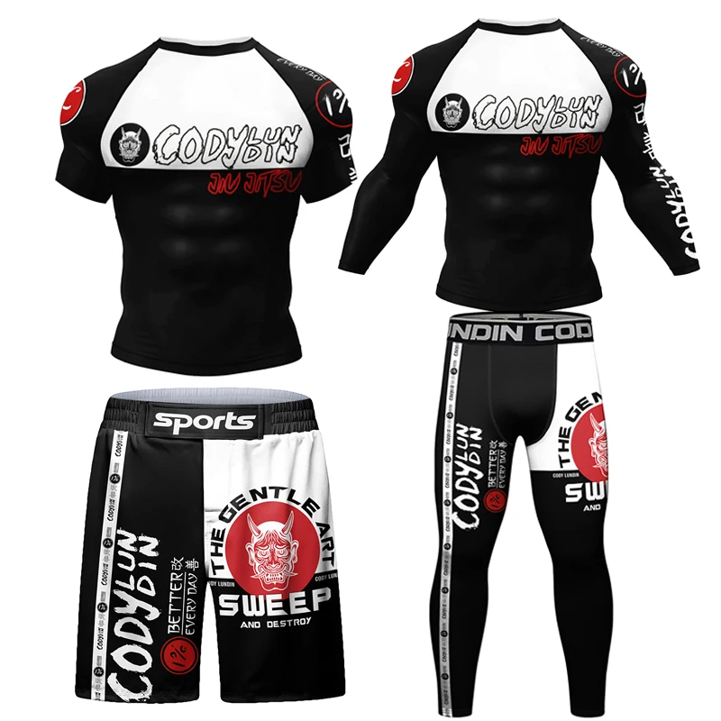 Nowe ubrania Boxeo Jiu Jitsu Rashguard MMA T-shirt + zestawy spodni Muay Thai spodenki mężczyźni boks brazylijski Grappling Rash Guard strój sportowy