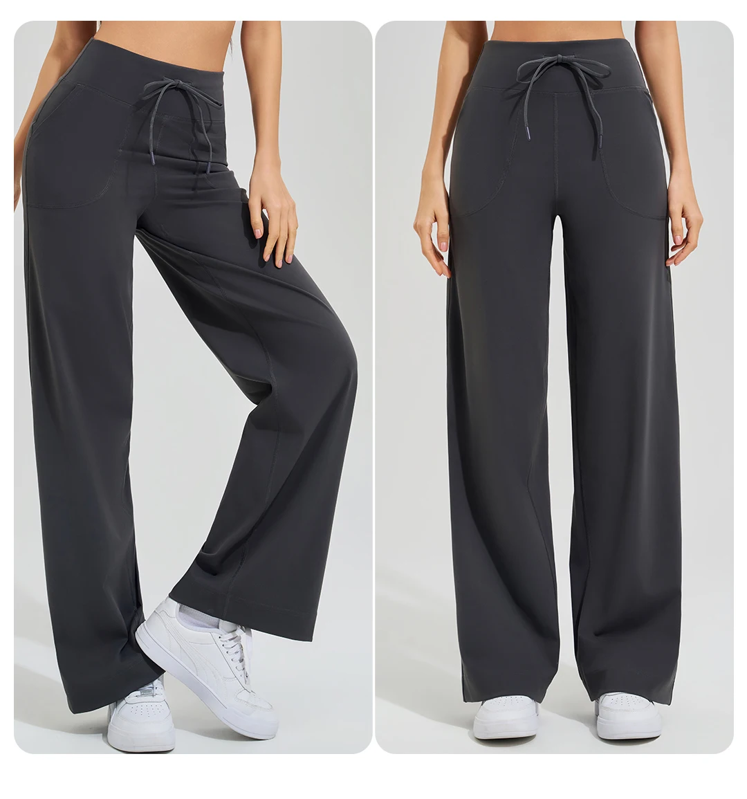 Damen-Yogahose mit hoher Taille, für Fitnessstudio, lockere Lauf-Yogahose, doppelseitig gebürstet, mit Taschen, Hosen, Krawatten – Detail 20