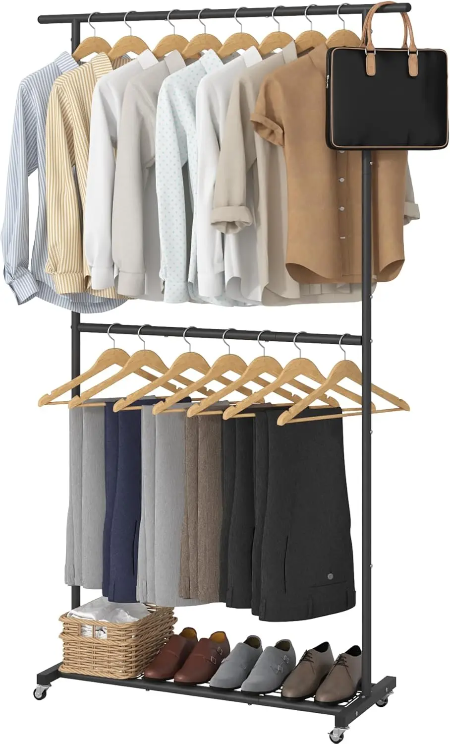 

Double Rod Clothing Garment Rack, Rolling Coat Hanger with Bottom Mesh, Clothing Rack for Hanging Clothes, Coats, Skirts