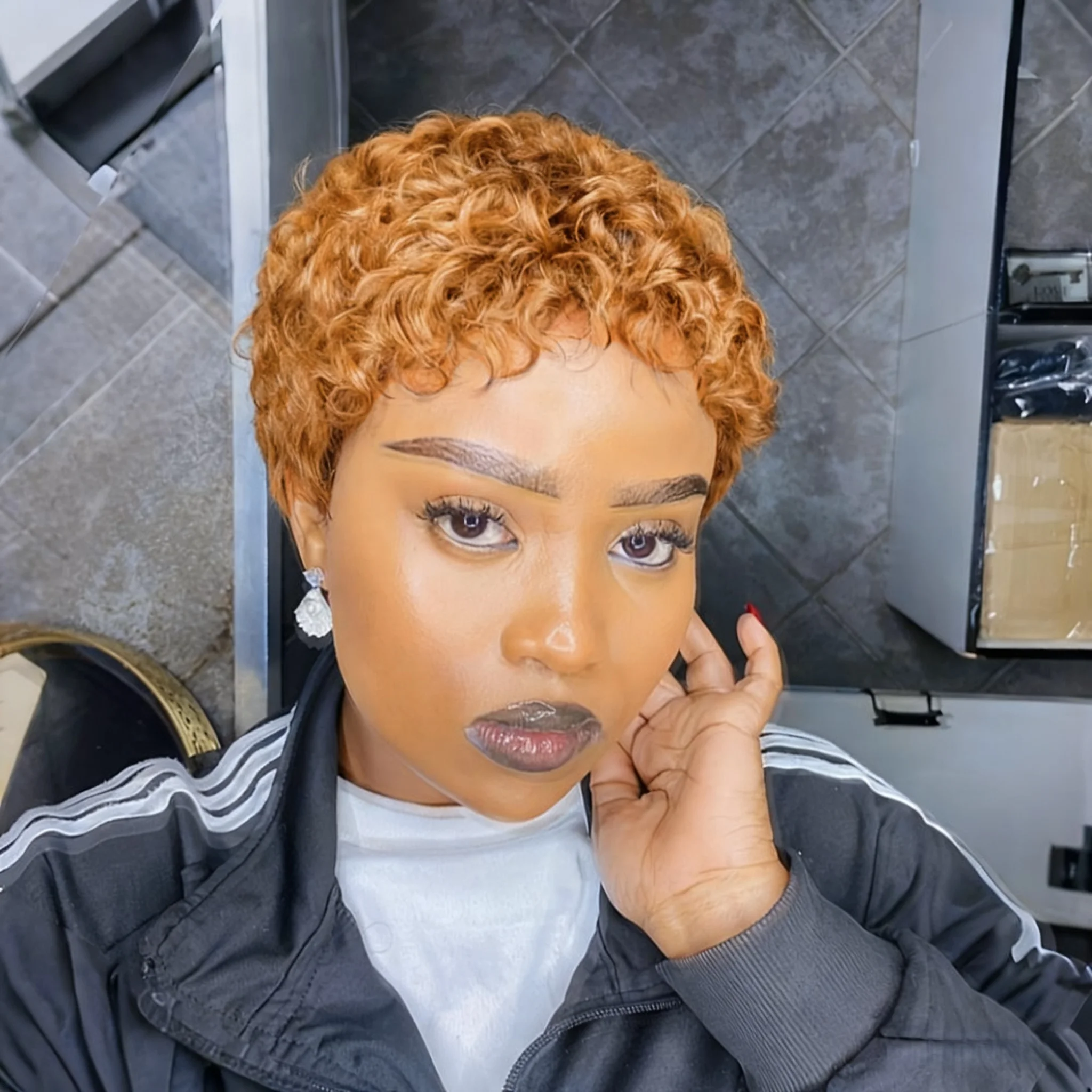 

Jerry Curly Wave Pixie cut Human Hair Wig Short Hair Wig Wig Full Machine Made for Women