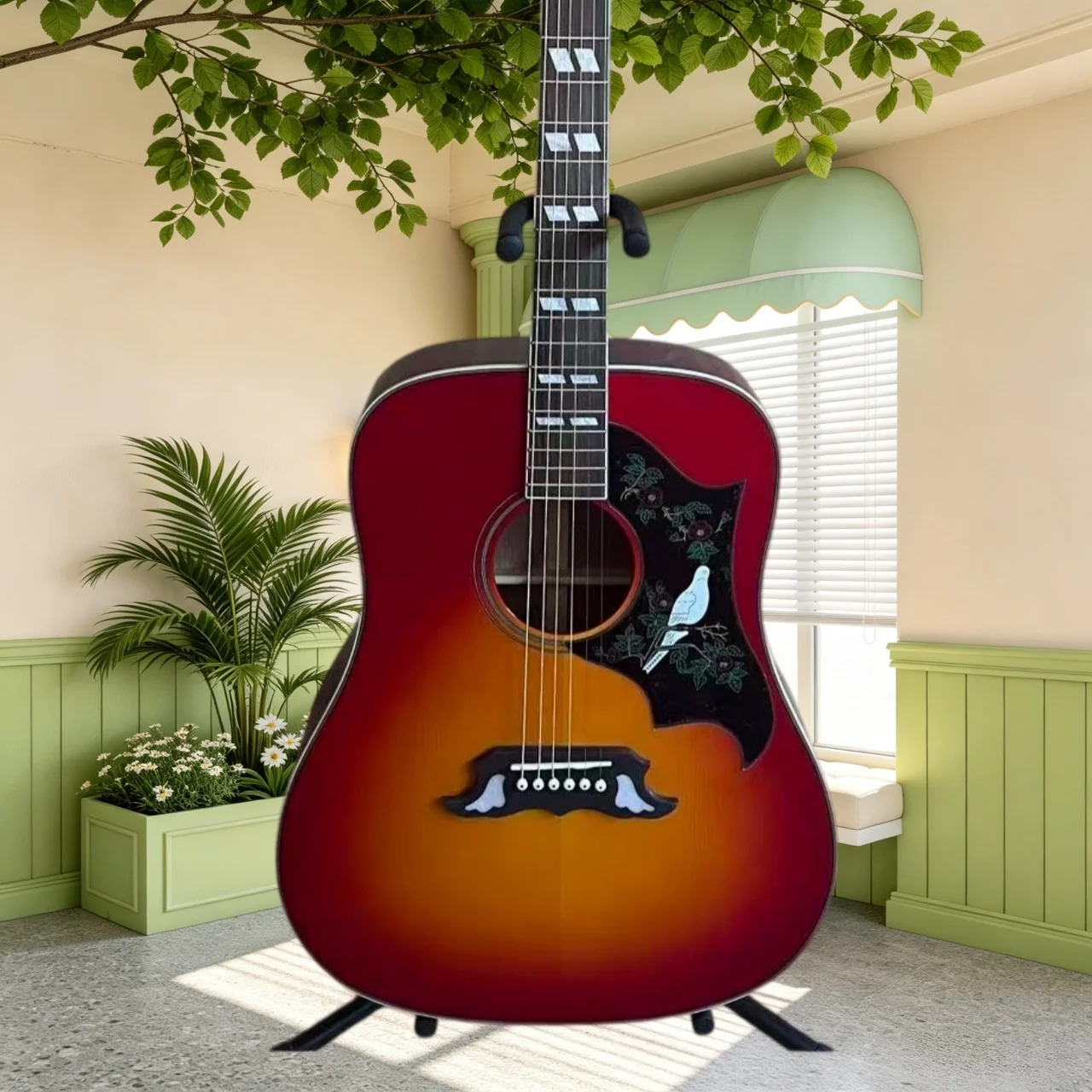 Acoustic Guitar Spruce Body Rosewood Fretboard Red Orange Sunburst Gloss Finish Dove Floral Abalone Inlay Pickguard New Hot Gift