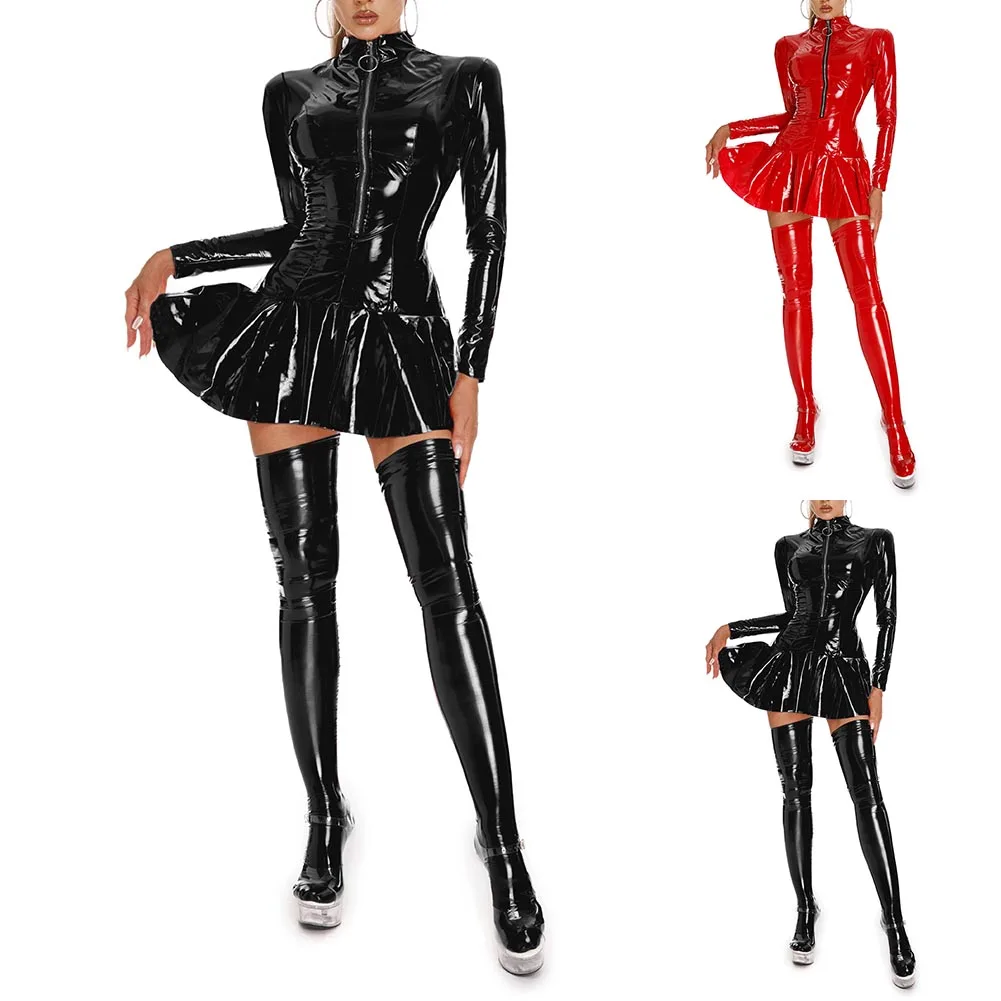 Women Wet Look Short Dress PVC Leather Bodycon Turtleneck Shiny Party Club Wear Women Secret Clothes Women's Panties Lingerie