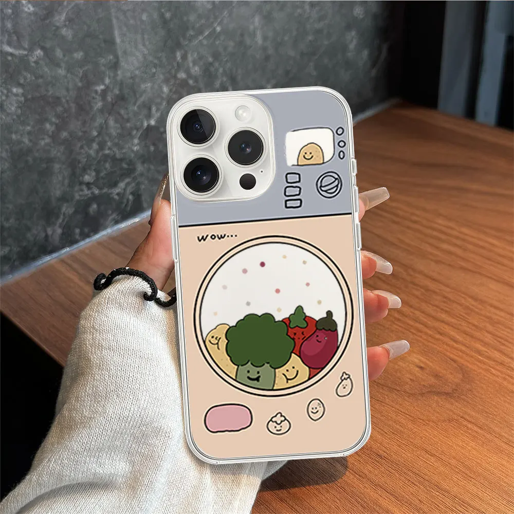 Cartoon Cute Vegetable Washing Machine Phone Case for iPhone 11 12 13 14 15 16 Max Pro Plus Transparent Soft Shell