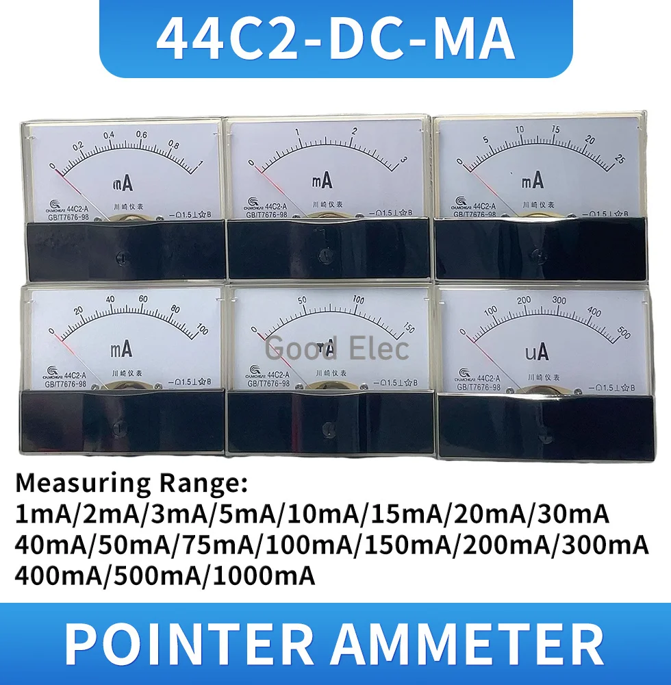44C2 1mA 2mA 5mA 10mA 20mA 30mA 50mA 75mA 100mA 200mA 300mA 500mA DC Amperímetro Medidor de teste de corrente analógica Amperímetro de cabeçote mecânico