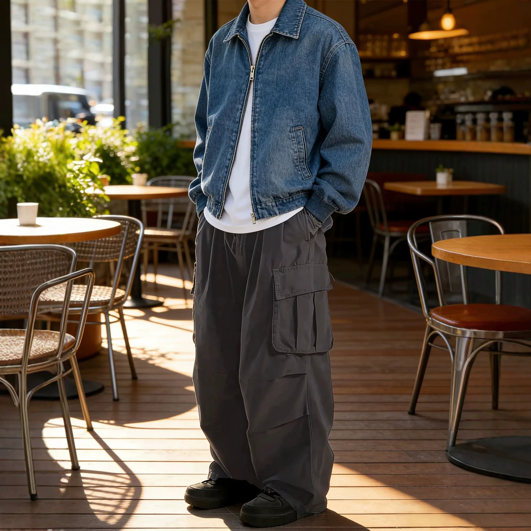 Men Baggy Wide Leg Cargo Pants Multi Pockets Solid Color Loose Straight Workwear Trousers Streetwear Casual Summer Male Bottoms