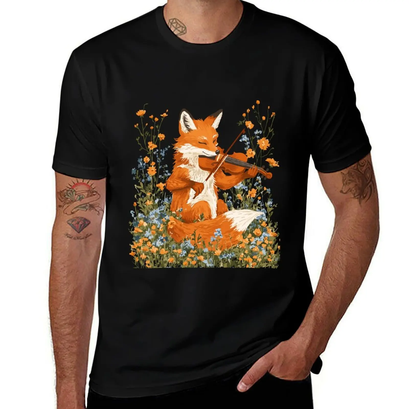 

An Orange Fox Plays Violin Around By Wild Flowers T-Shirt topping shirts graphic sweat tee shirts for men