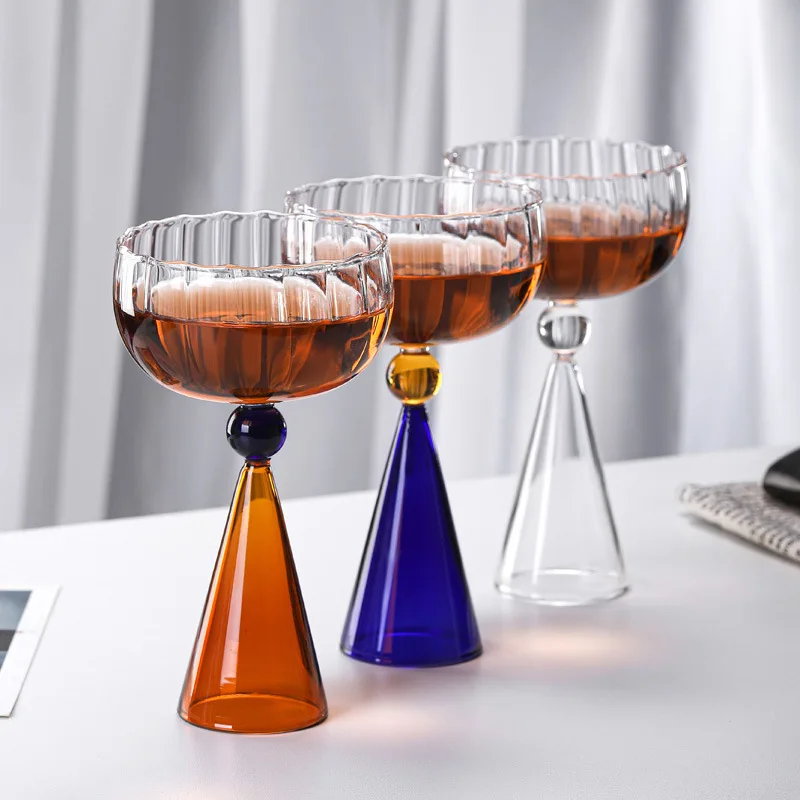 Rippled Rim Color Spliced Wine Goblet Tall Conical Stem Household Bar Drinkware