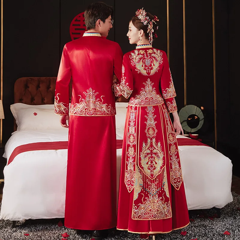 XiuHe-hermoso traje de satén Rojo Dorado para mujer, vestido de novia con cuentas de estilo chino tradicional de diamantes de imitación, conjunto de manga larga para novia