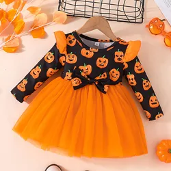 2023 Halloween Toddler Newborn Infant Kid Baby Girl Dresses Cute Pumpkin Bow Tulle Halloween Party Dress For Girls 1 2 3 4 Years