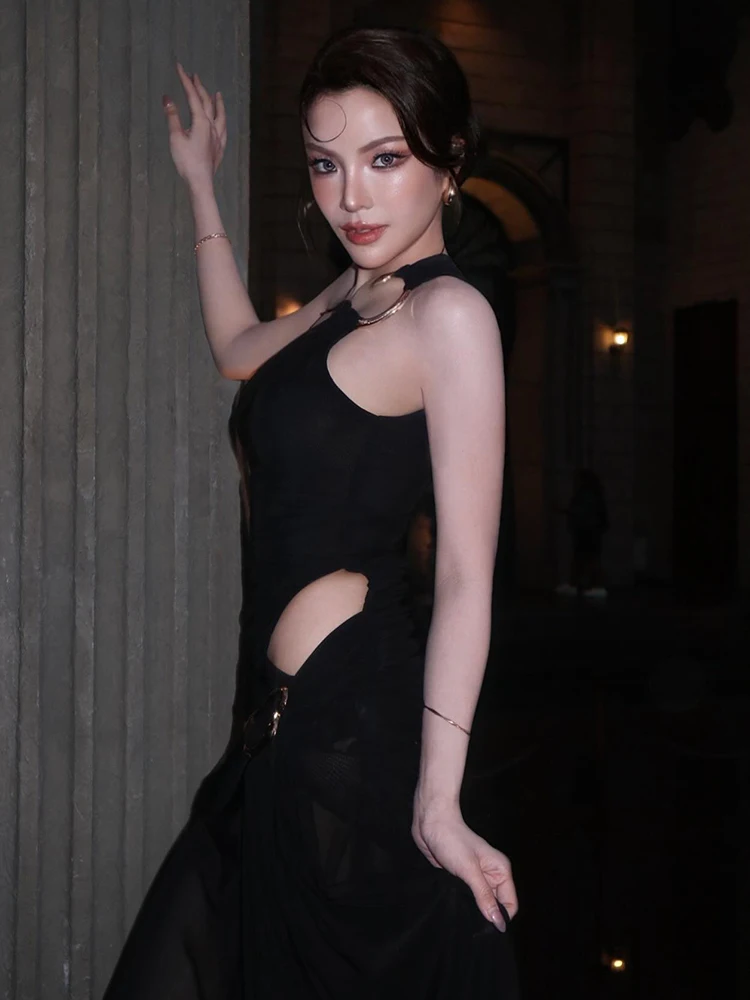 PB Moda Sexy Negro Un solo hombro Malla transparente con detalle recortado Maxi vestido Formal Fecha Vestido de noche