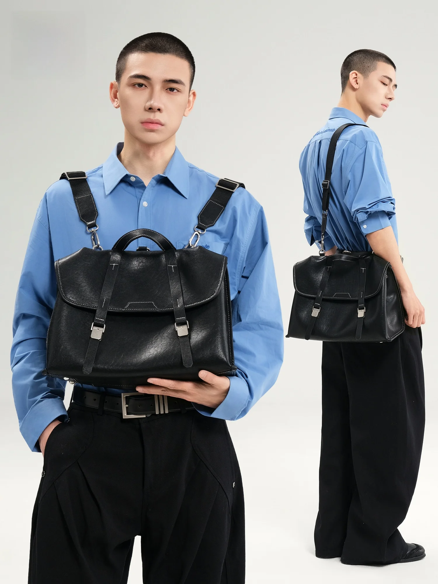 

Vintage Style Genuine Leather Double Shoulder Bag Men's Commuter Business Backpack Multi-Function Slant Crossbody Bag