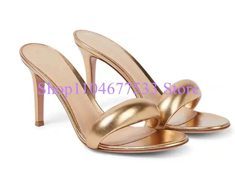 

Gold Color Thin Heel Lady Slippers Fashion Round Toe Gladiator Sandals Woman High Heels Casual Shoes Beach Slippers