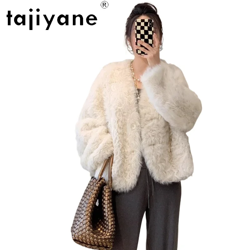معطف فرو مزدوج الوجه من صوف الغنم الطبيعي 100% من TAJIYANE معطف نسائي أنيق برقبة على شكل حرف v من الفرو الحقيقي ملابس شتوية 2025 fourre
