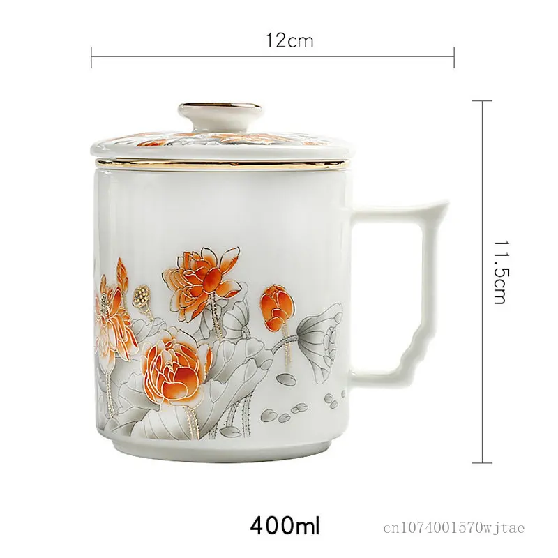 Hand-painted Landscape Pattern Series Tea Water Separating Ceramic Office goat fat Jade Porcelain Belt Cover Filter Mug, Tea Cup