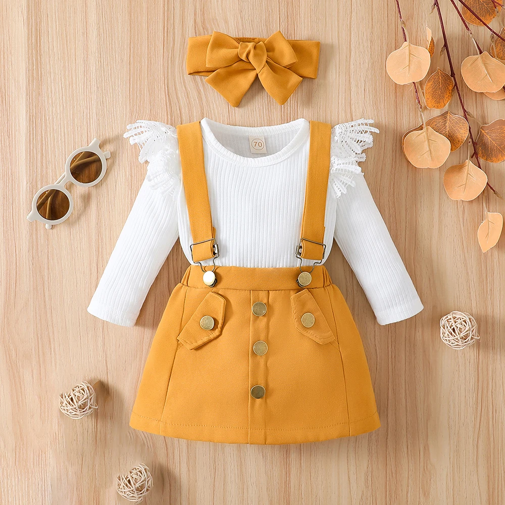 LAPA 0-12M Baby Girls Lovely Skirt Suit Infant Long Sleeve Romper +Suspender Skirt + Headband 3pcs Set Spring New Toddler Outfit