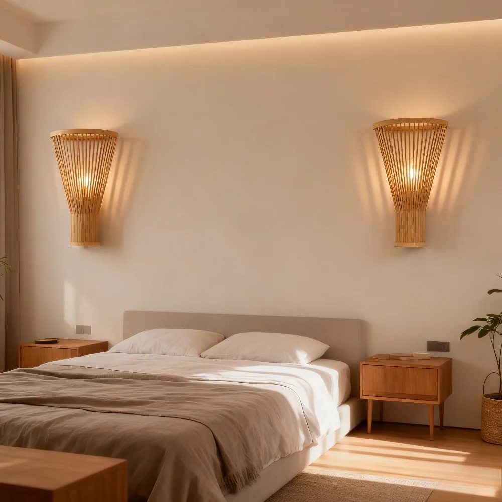JOYINLED Bamboo Wall Light Classic Rattan Bedroom Wall Lamp E27 Rustic Decorative Wall Sconce Lighting for Living Room Lantern